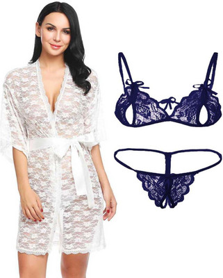 Fashion Count Women Robe and Lingerie Set(White, Dark Blue)
