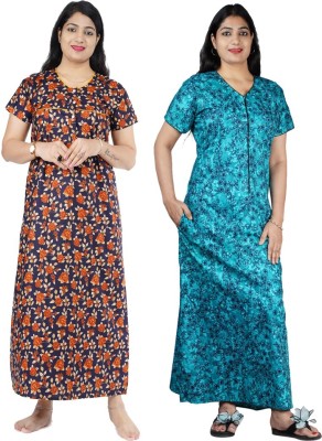 FAVNIC Women Nighty(Orange, Green)