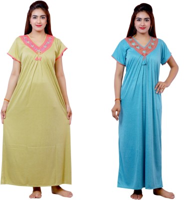 NACNO Women Nighty Set(Green, Blue)