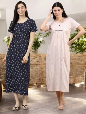Kryptic Women Nightdress(Dark Blue, Pink)