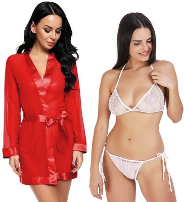 Lovie's Women Robe and Lingerie Set(Red, White)