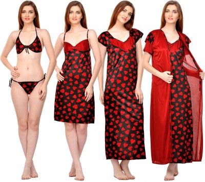 ROWENA Women Nighty with Robe(Maroon, Black)