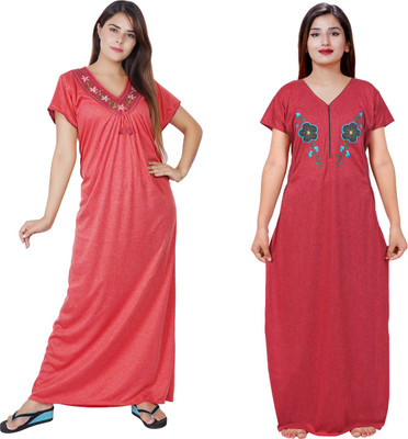 NACNO Women Nighty Set(Red, Maroon)