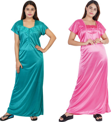 NACNO Women Nighty(Green, Pink)