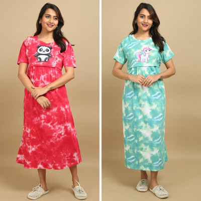 Mayaval Women Maternity/Nursing Nighty(Red, Blue)