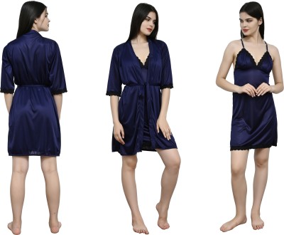 WONDERBELLA Women Nighty with Robe(Blue)