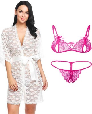 Fashion Count Women Robe and Lingerie Set(White, Pink)