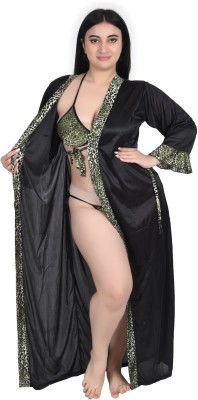 Embrave Women Robe and Lingerie Set(Green, Black)