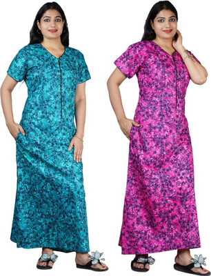 FAVNIC Women Nighty Set(Green, Purple)