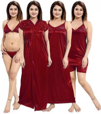 WONDERBELLA Women Nighty Set(Red)