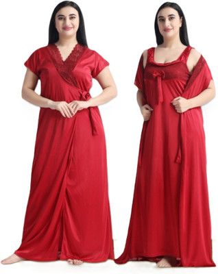 XPIOX Women Nighty with Robe(Maroon)