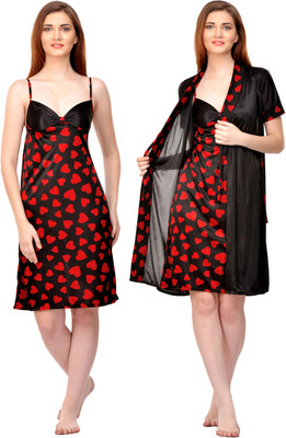 ROWENA Women Nighty with Robe(Maroon, Black)