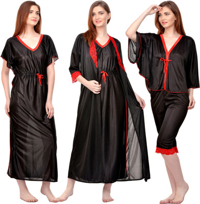 ROWENA Women Nighty with Robe(Black)