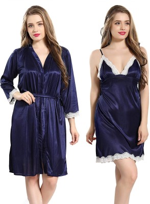 Vasucom Women Nighty with Robe(Blue)