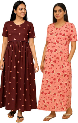 Juana Women Maternity/Nursing Nighty(Brown, Orange)