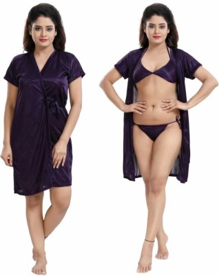 Cotovia Women Robe and Lingerie Set(Purple)