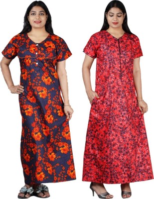 FAVNIC Women Nighty Set(Orange, Red)