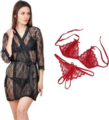 Lovie's Women Robe and Lingerie Set(Red, Black)
