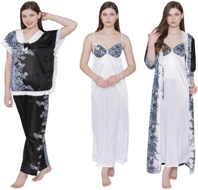 Boosah Women Nighty with Robe(Black, White)