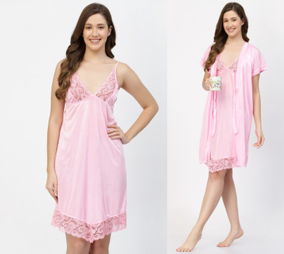 chui mui Women Nighty with Robe(Pink)