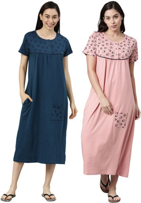 Kryptic Women Nightdress(Dark Blue, Pink)