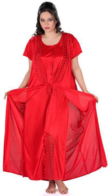 ROWENA Women Nighty with Robe(Red)