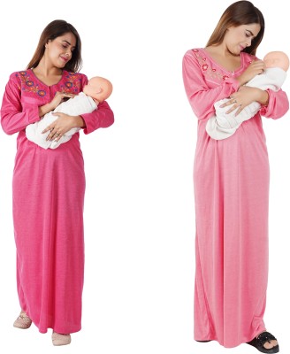REN STAR Women Maternity/Nursing Nighty(Pink, Beige)