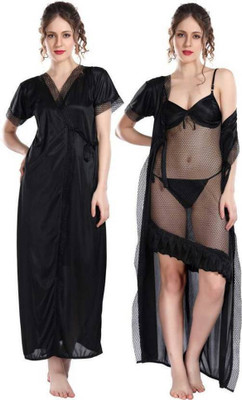 BOMBASED Women Nighty with Robe(Black)