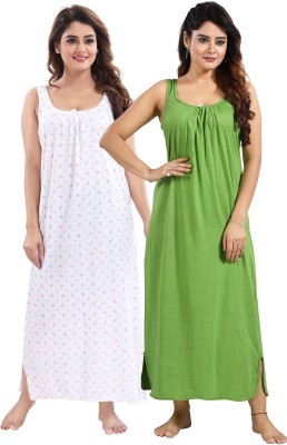 INNER BEATS Women Nighty Set(White, Green)