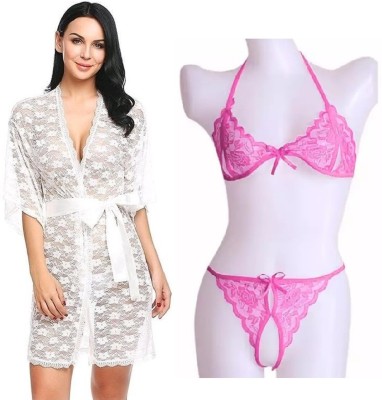 IyaraCollection Women Robe and Lingerie Set(White, Pink)