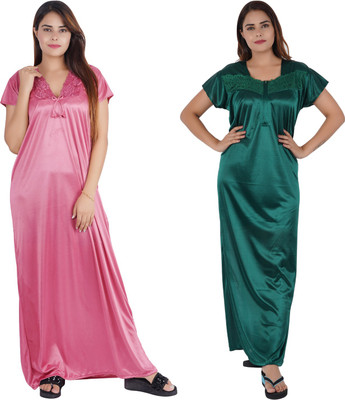 NACNO Women Nighty(Pink, Dark Green)
