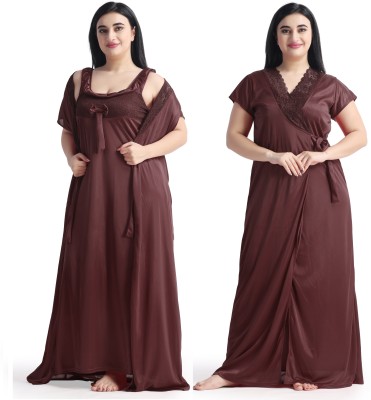 NIGHT KEYS Women Nighty with Robe(Brown)