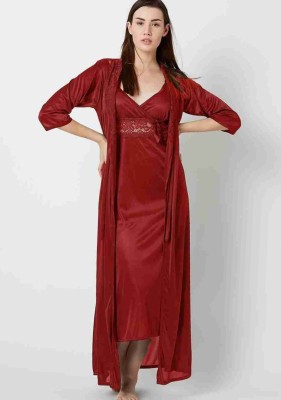 FusionVilla Women Self Design Maroon Night Suit Set