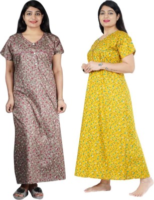 FAVNIC Women Nighty Set(Brown, Yellow)