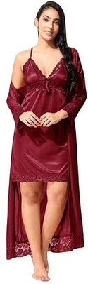 HouseOfCommon Women Nighty with Robe(Maroon)