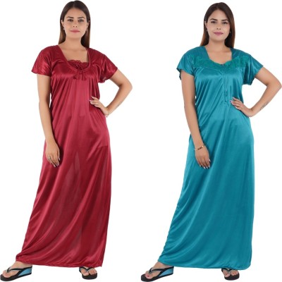 Hypex Women Nighty Set(Maroon, Light Blue)