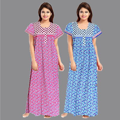 SHOPIFY Women Nighty(Blue, Light Blue)