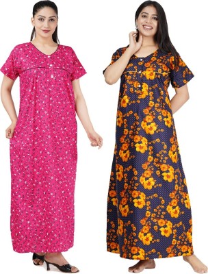 FAVNIC Women Nighty Set(Pink, Yellow)