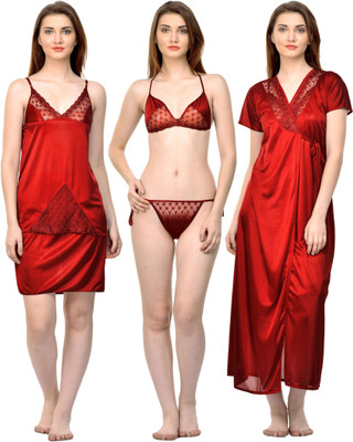 ROWENA Women Nighty with Robe(Maroon)