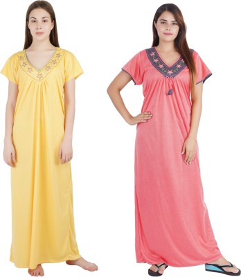 NACNO Women Nighty Set(Yellow, Pink)