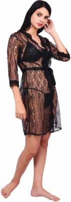 Fashion Count Women Robe and Lingerie Set(Black)