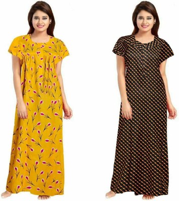 impression Women Nighty Set(Brown, Yellow)