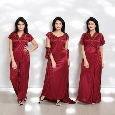 Nw Naughty Wish Women Self Design Maroon Night Suit Set