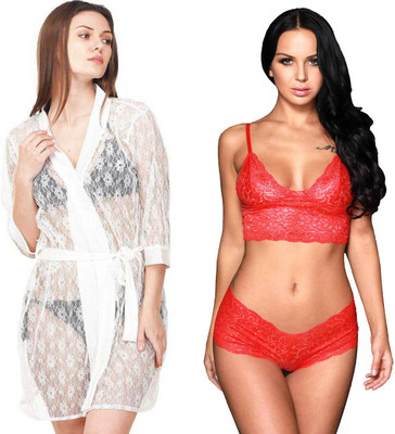 Lovie's Accessories Women Nighty Set(White, Red)