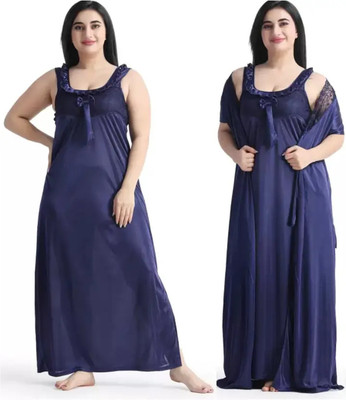XPIOX Women Nighty with Robe(Dark Blue)