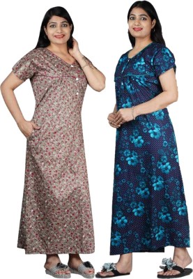 FAVNIC Women Nighty Set(Brown, Blue)