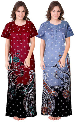 Toomley Women Nighty Set(Maroon, Grey)