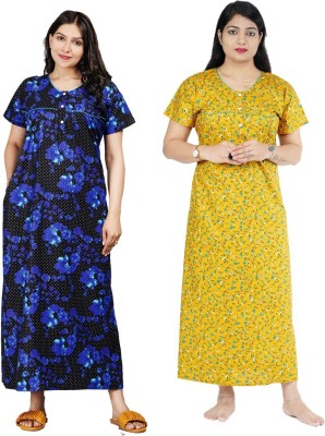 FAVNIC Women Nighty Set(Dark Blue, Yellow)