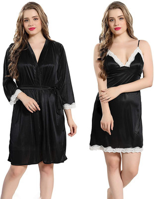 Vasucom Women Nighty with Robe(Black)