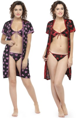 N-gal Women Robe and Lingerie Set(Red, Pink)